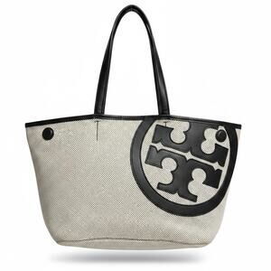 Tory Burch Lonnie Large Perforated Canvas Mesh Logo Tote Bag White Black